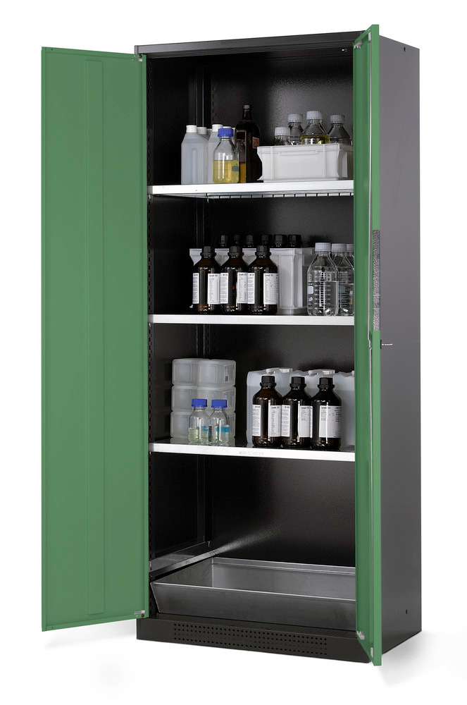 asecos chemicals cabinet Systema CS-83, body anthracite, green, 3 shelves and floor spill pallet - 1