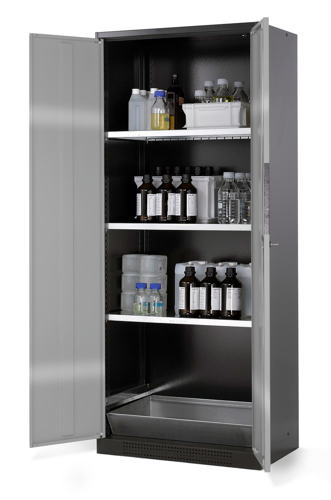 asecos chemicals cabinet Systema CS-83, body anthracite, silver, 3 shelves and floor spill pallet - 1