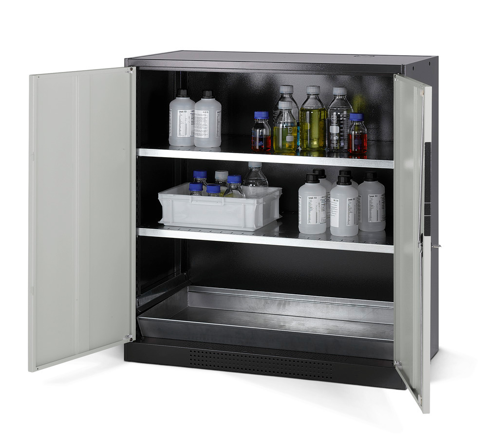 asecos chemicals cabinet Systema CS-102, body anthracite, grey, 2 shelves and floor spill pallet - 1