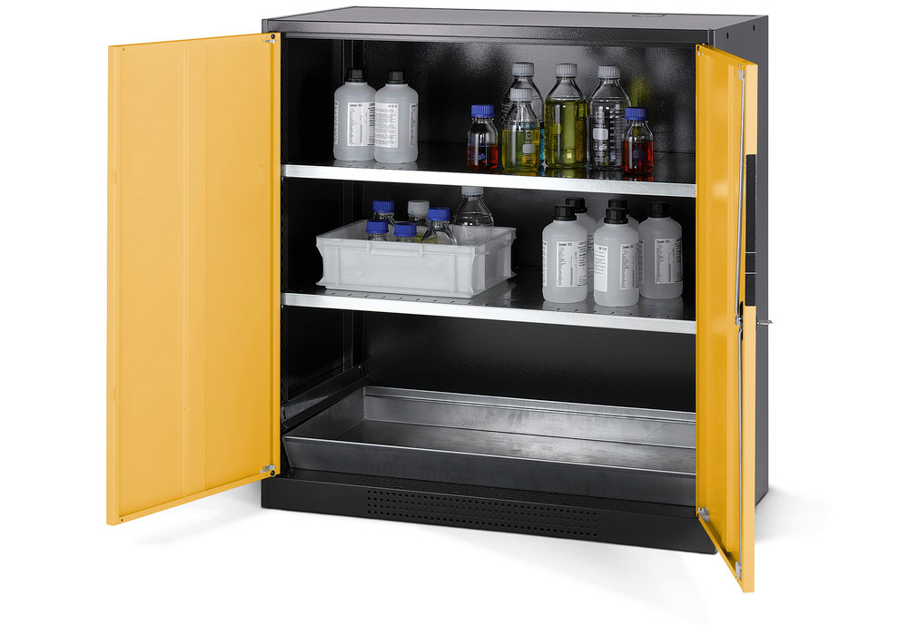 Kjemikalieskap Systema CS-102, antrasittgrått kabinett, gule fløydører, 2 hyller og bunnkar - 1