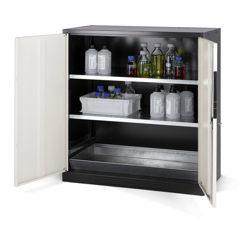 asecos chemicals cabinet Systema CS-102, body anthracite, white, 2 shelves and floor spill pallet - 1