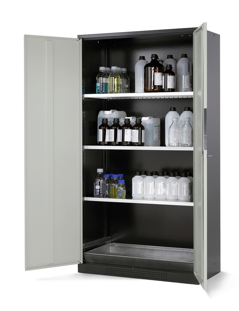 Armario para químicos, cuerpo antracita, puertas batientes gris, 3 estantes y cubeto: Systema CS-103 - 1