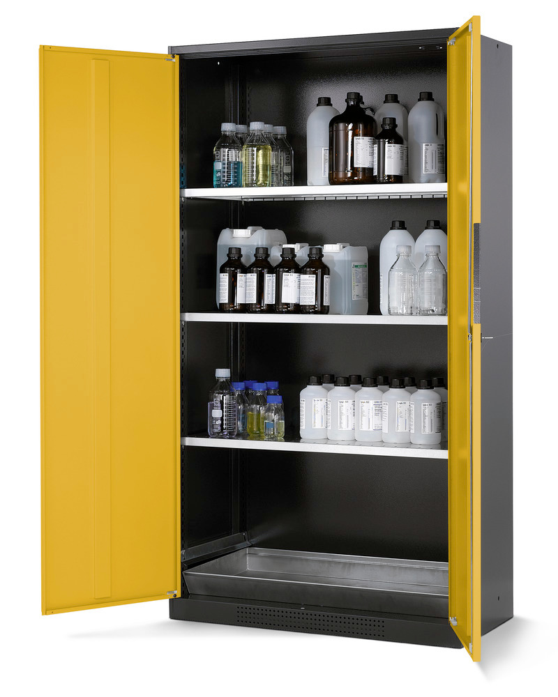 asecos chemicals cabinet Systema CS-103, body anthracite, yellow, 3 shelves and floor spill pallet - 1