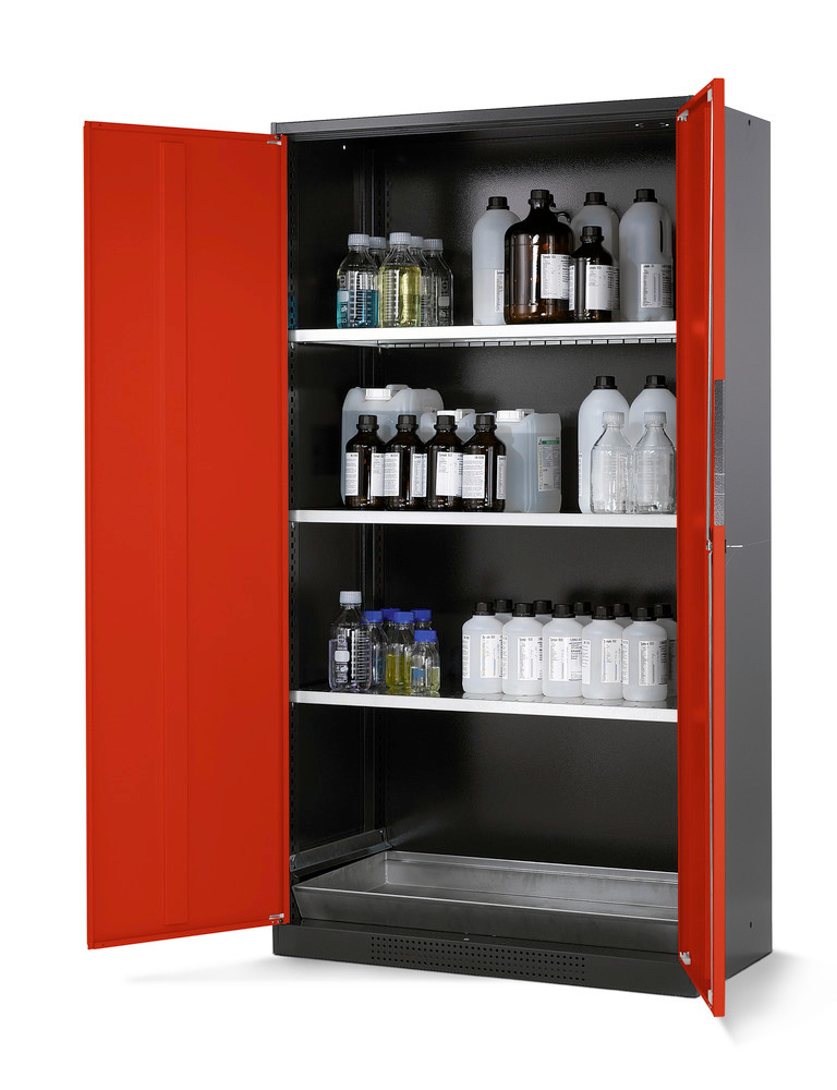 Armario para químicos Systema CS-103, cuerpo antracita, puertas batientes rojo, 3 estantes y cubeto - 1