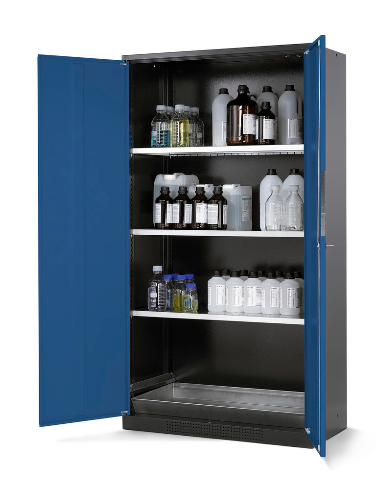 Kjemikalieskap Systema CS-103, antrasittgrått kabinett, blå fløydører, 3 hyller og bunnkar
