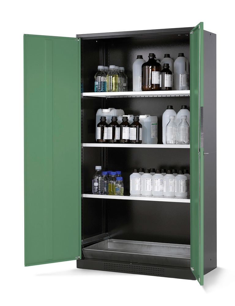 Kjemikalieskap Systema CS-103, kabinett antracitgrå, grønne fløydører, 3 hyller og bunnkar - 1