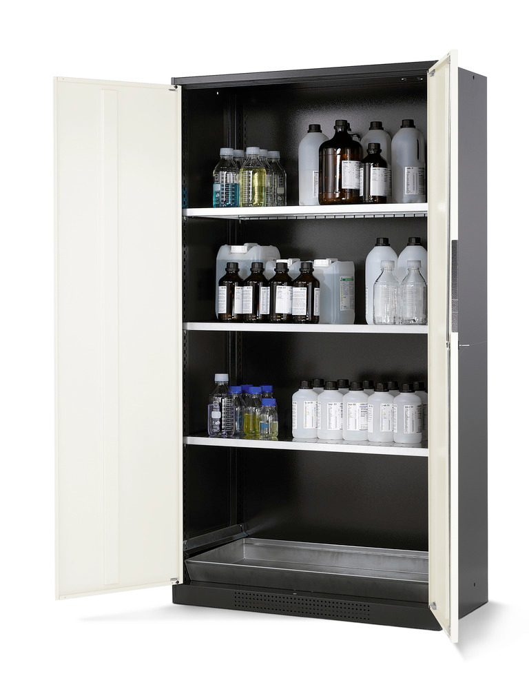 asecos chemicals cabinet Systema CS-103, body anthracite, white, 3 shelves and floor spill pallet
