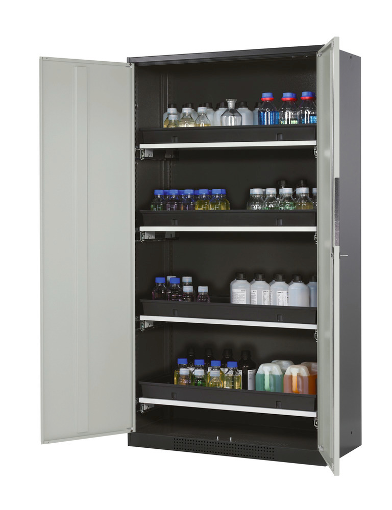 Kemikalieskåp asecos Systema-T CS-104, antracitgrå stomme, grå dörrar, 4 utdragshyllor
