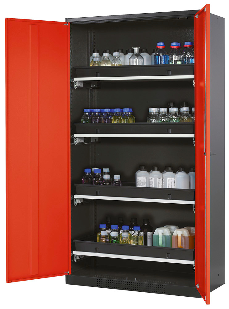 Armário para químicos Systema-T CS-104, antracite, portas de batente vermelho, 4 estantes removíveis - 1