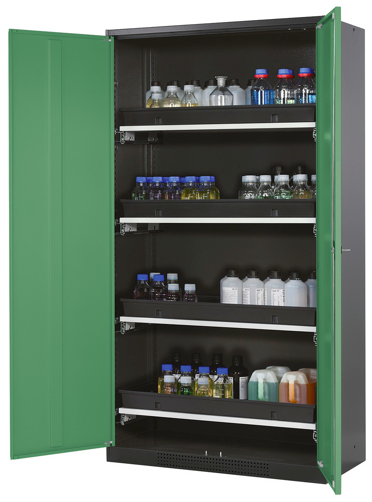 Kemikalieskåp asecos Systema-T CS-104, antracitgrå stomme, gröna dörrar, 4 utdragshyllor - 1