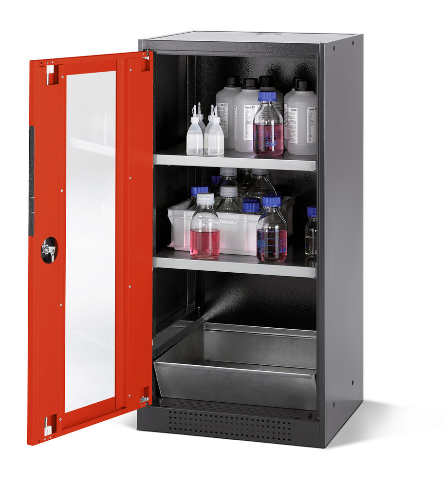 asecos chemicals cabinet Systema CS-52LG, body anthracite, red, 2 shelves and floor spill pallet - 1