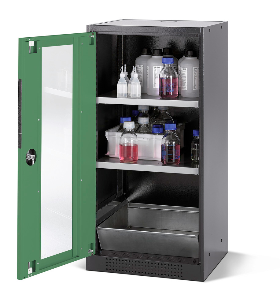 Armario para químicos, cuerpo antracita, puertas bat. verde, 2 estantes y cubeto: Systema CS-52LG - 1