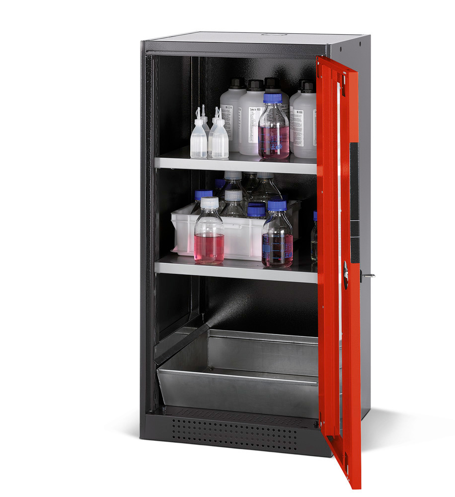 asecos chemicals cabinet Systema CS-52RG, body anthracite, red, 2 shelves and floor spill pallet - 1