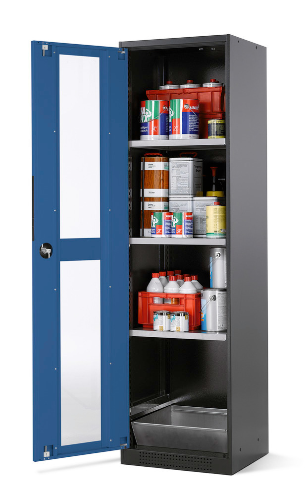 Armario para químicos Systema CS-53LG, antracita, puertas batientes azul, 3 estantes y cubeto - 1