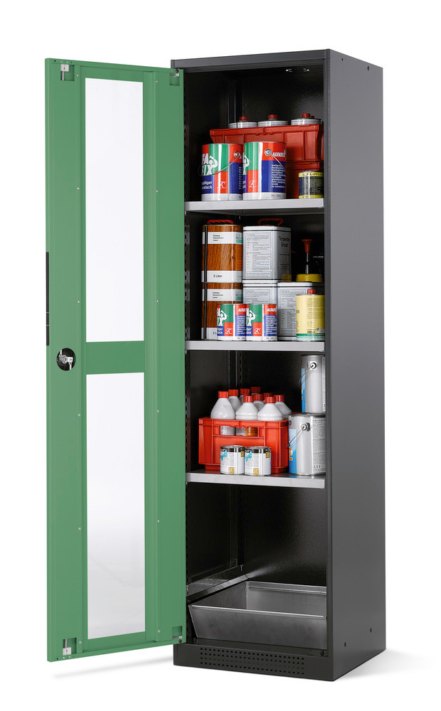 Armario para químicos Systema CS-53LG, antracita, puertas batientes verde, 3 estantes y cubeto