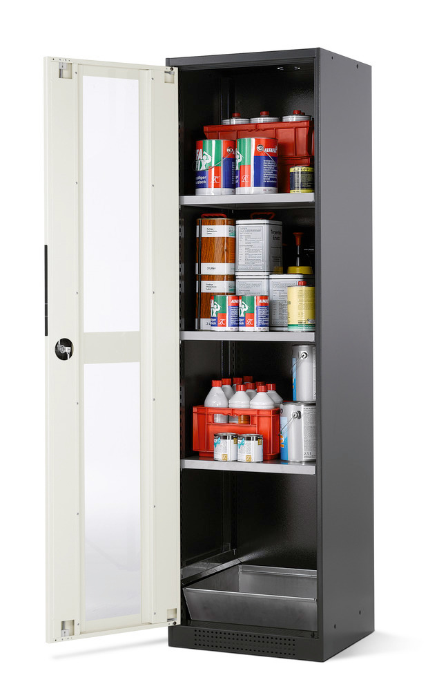 asecos chemicals cabinet Systema CS-53LG, body anthracite, white, 3 shelves and floor spill pallet - 1