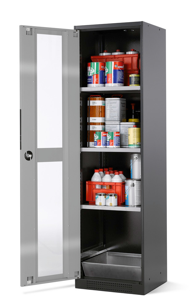 asecos chemicals cabinet Systema CS-53LG, body anthracite, silver, 3 shelves and floor spill pallet
