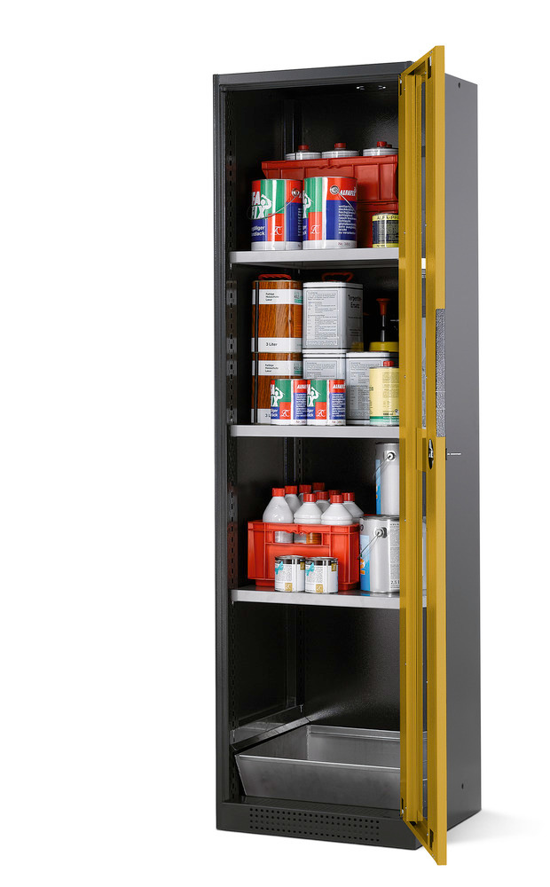 Armário para químicos asecos, Systema CS-53RG, corpo antracite, amarelo, 3 estantes e bacia