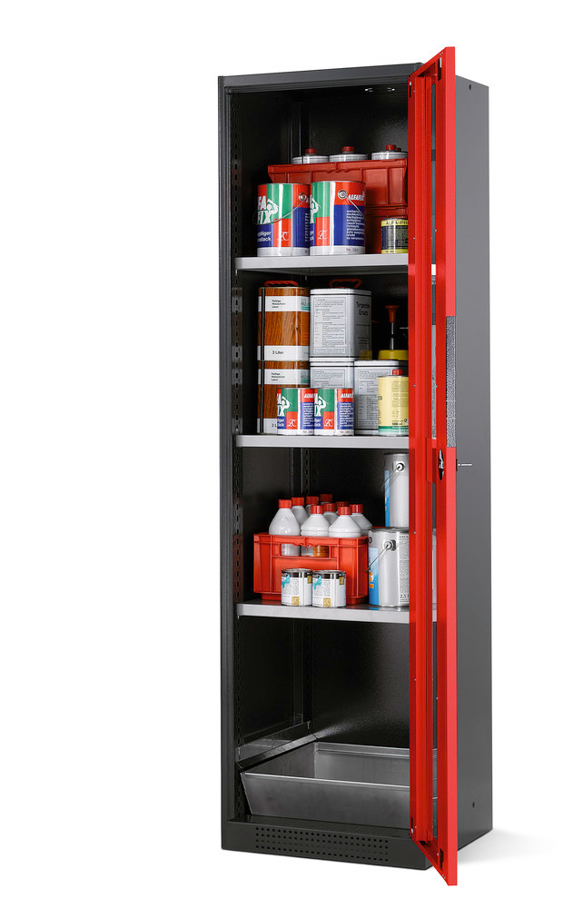 Armario para químicos Systema CS-53RG, antracita, puertas batientes rojo, 3 estantes y cubeto