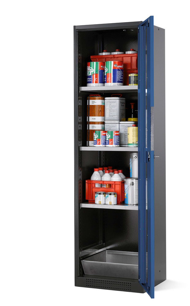 Armário para químicos asecos, Systema CS-53RG, corpo antracite, azul, 3 estantes e bacia - 1