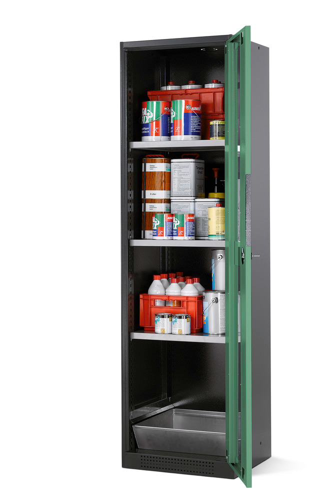 Kemikalieskab Systema CS-53RG, kabinet antracitgrå, grønne fløjdøre, 3 hylder og bundkar - 1