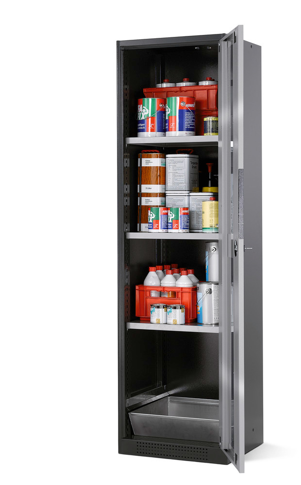 Armario para químicos Systema CS-53RG, antracita, puerta batiente plata, 3 estantes y cubeto - 1