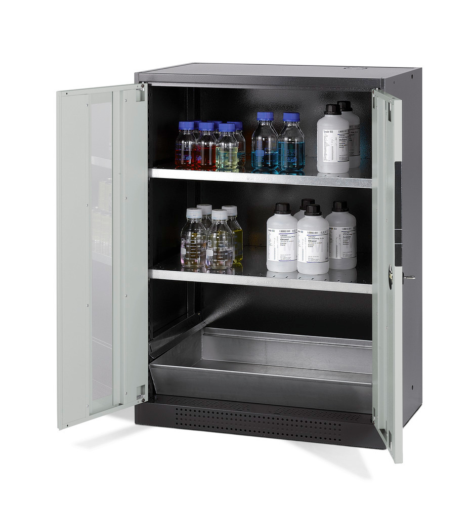asecos chemicals cabinet Systema CS-82G, body anthracite, grey, 2 shelves and floor spill pallet - 1