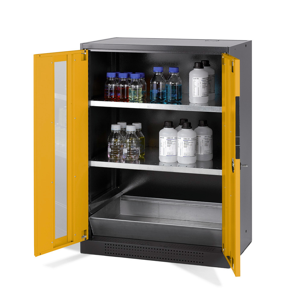 asecos chemicals cabinet Systema CS-82G, body anthracite, yellow, 2 shelves and floor spill pallet - 1