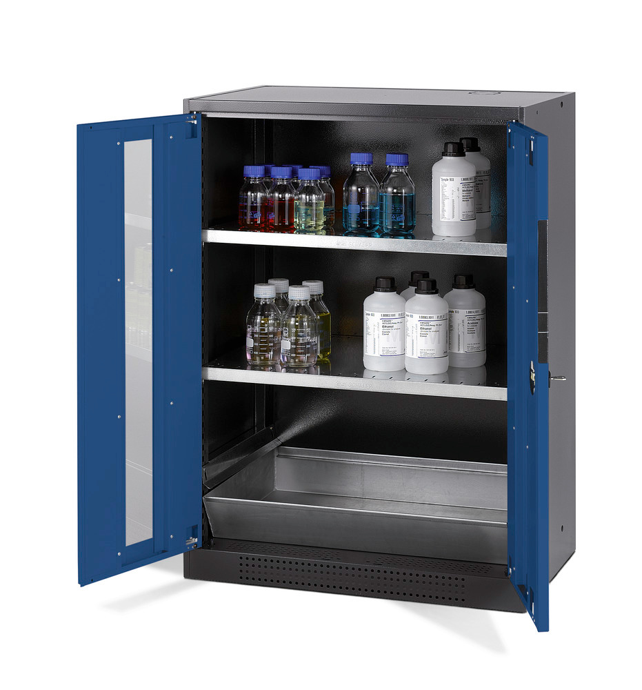 asecos chemicals cabinet Systema CS-82G, body anthracite, blue, 2 shelves and floor spill pallet - 1