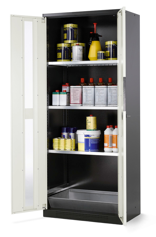 Armario para químicos Systema CS-83G, antracita, puertas batientes blanco, 3 estantes y cubeto - 1