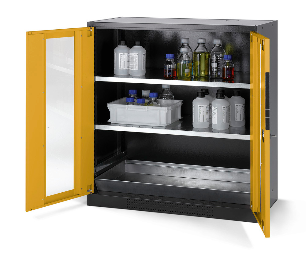 asecos chemicals cabinet Systema CS-102G, body anthracite, yellow, 2 shelves and floor spill pallet - 1