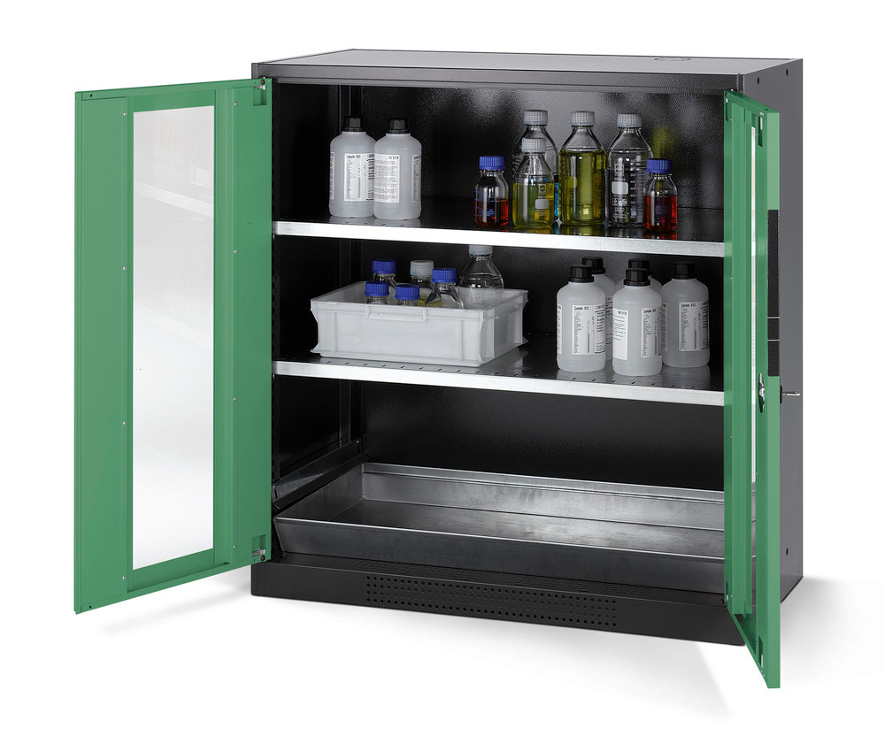 asecos chemicals cabinet Systema CS-102G, body anthracite, green, 2 shelves and floor spill pallet - 1