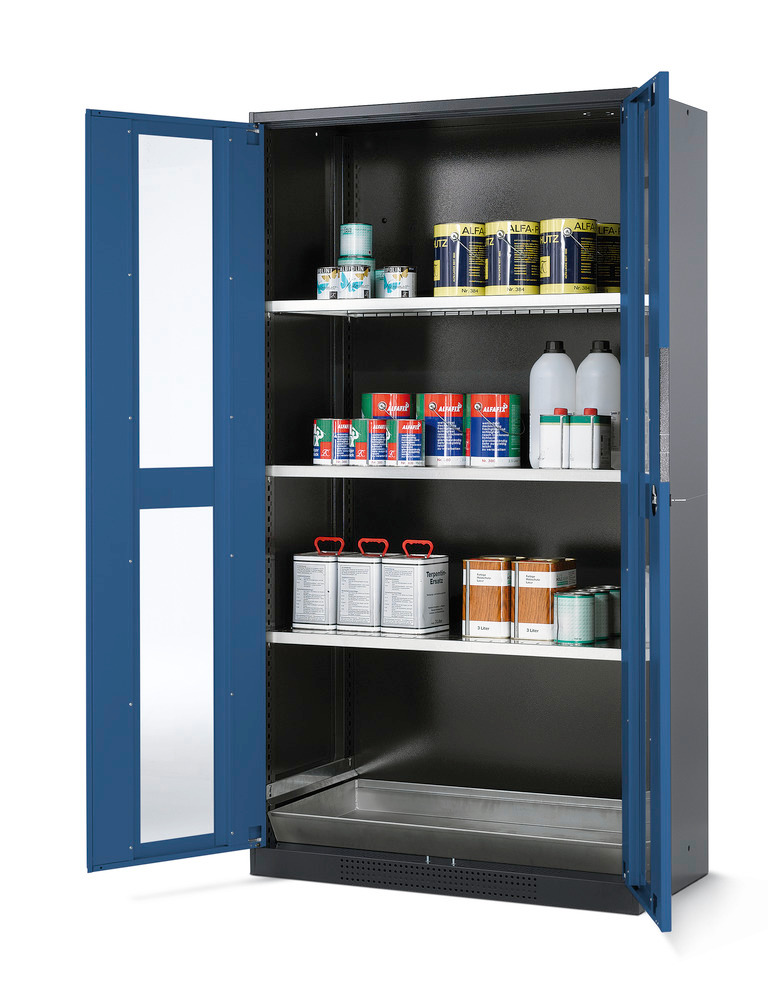 asecos chemicals cabinet Systema CS-103G, body anthracite, blue, 3 shelves and floor spill pallet - 1