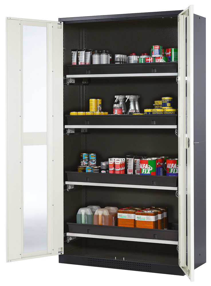 asecos chemicals cabinet Systema-T CS-104G, body anthracite, wing doors white, 4 pull-out shelves - 1