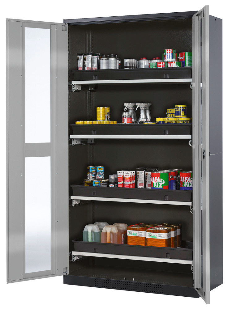 asecos chemicals cabinet Systema-T CS-104G, body anthracite, wing doors silver, 4 pull-out shelves - 1