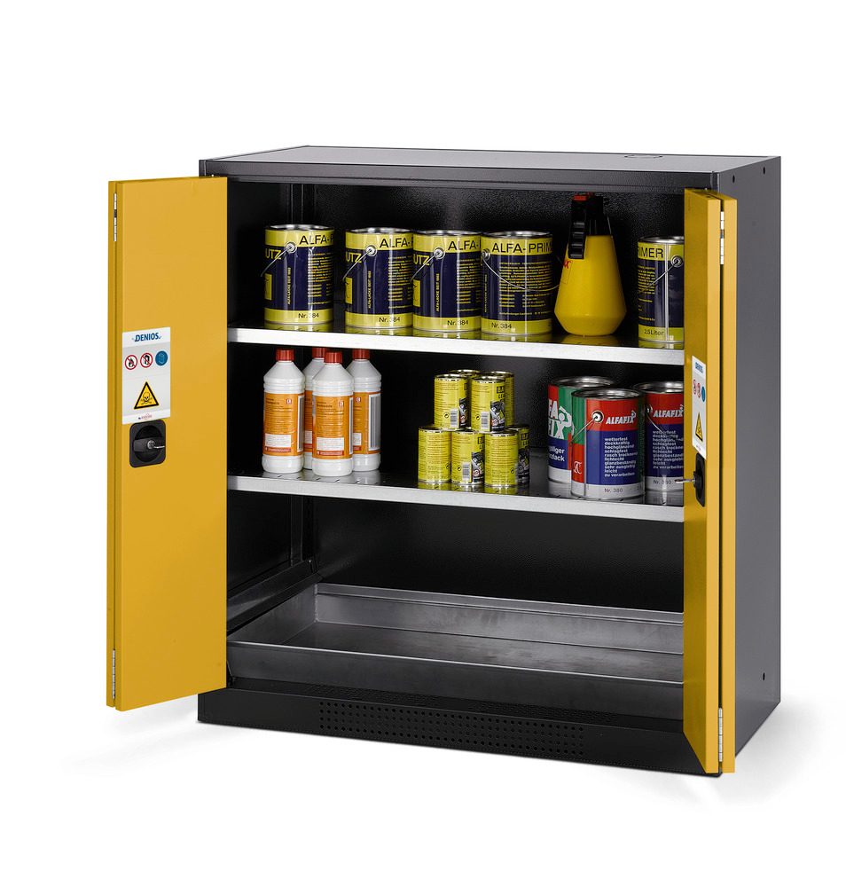 Kemikalieskab Systema CS-102F, kabinet antracitgrå, gule foldedøre, 2 hylder og bundkar - 1