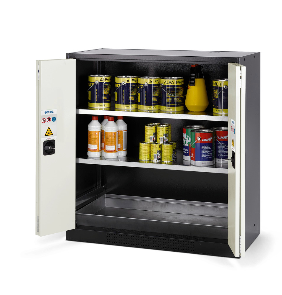 asecos chemicals cabinet Systema CS-102F, body anthracite, white, 2 shelves and floor spill pallet - 1