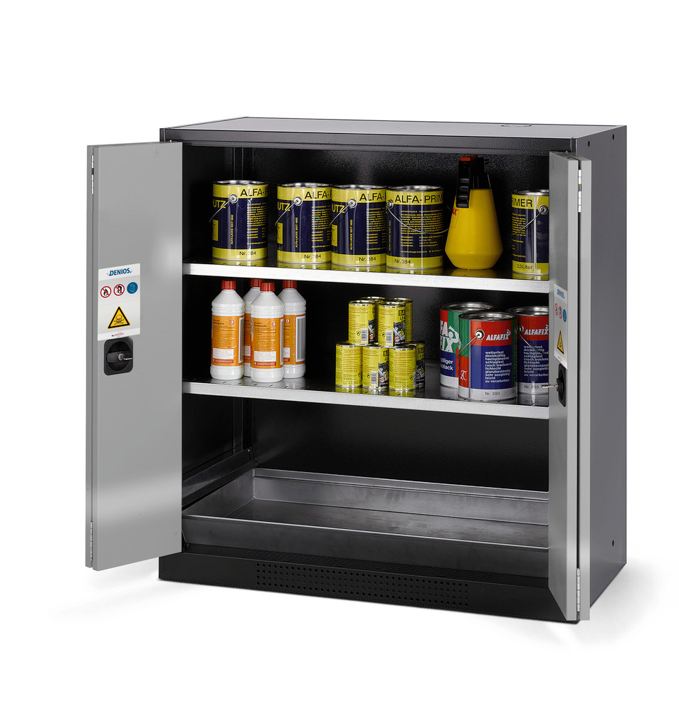asecos chemicals cabinet Systema CS-102F, body anthracite, silver, 2 shelves and floor spill pallet - 1