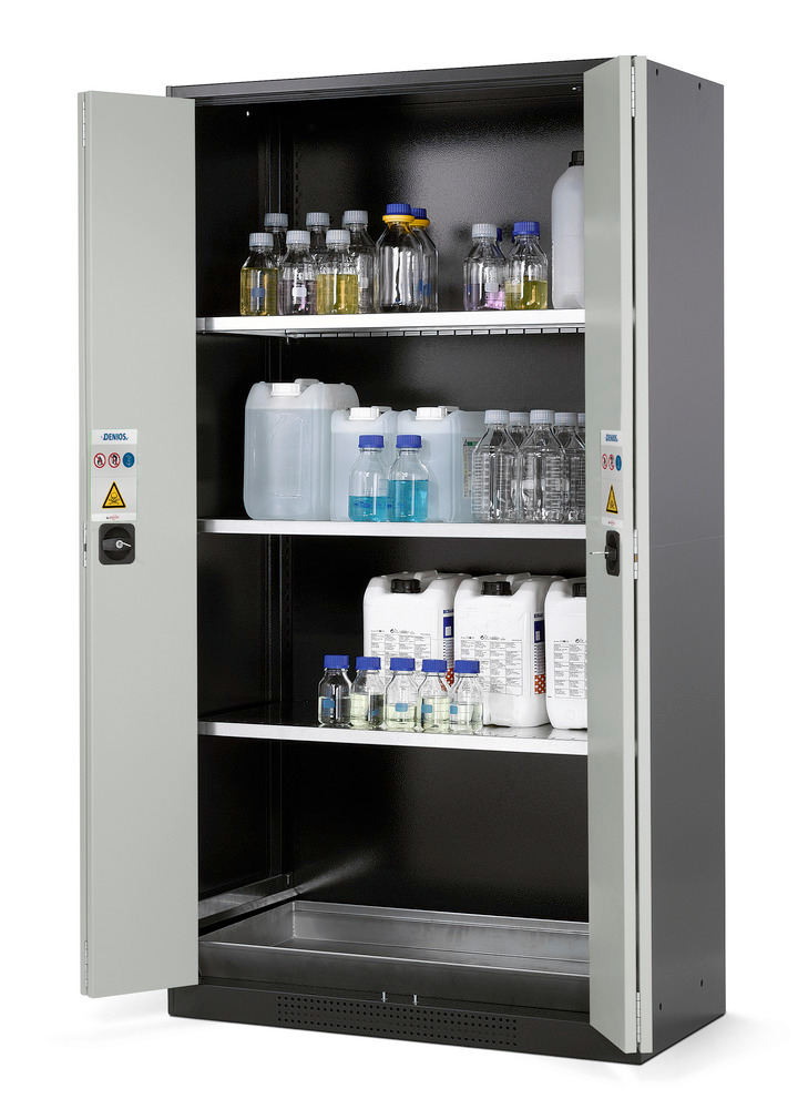 Armario para químicos Systema CS-103F, antracita, puertas plegables gris, 3 estantes y cubeto - 1