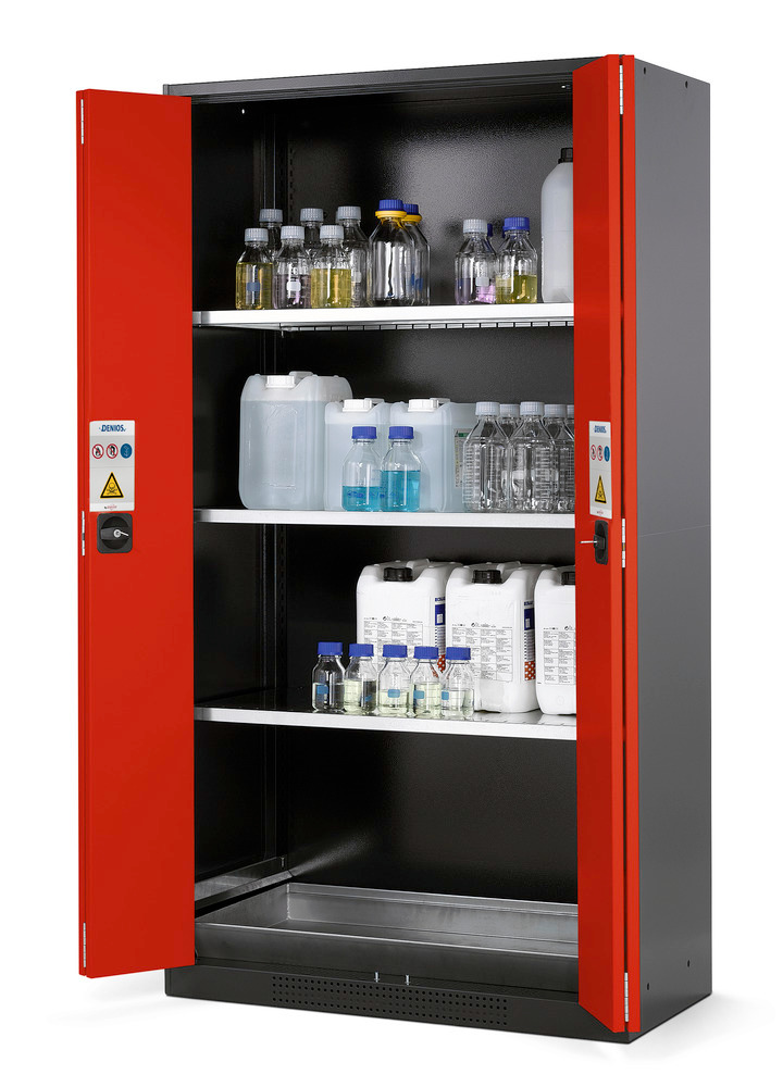 Armario para químicos Systema CS-103F, antracita, puertas plegables rojo, 3 estantes y cubeto - 1