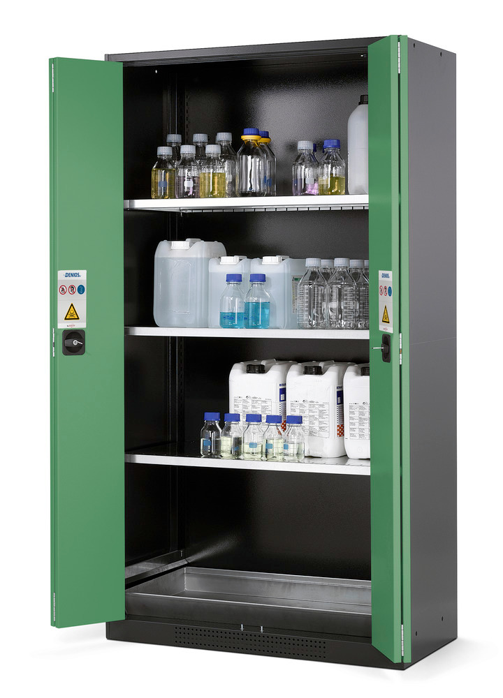 asecos chemicals cabinet Systema CS-103F, body anthracite, green, 3 shelves and floor spill pallet - 1