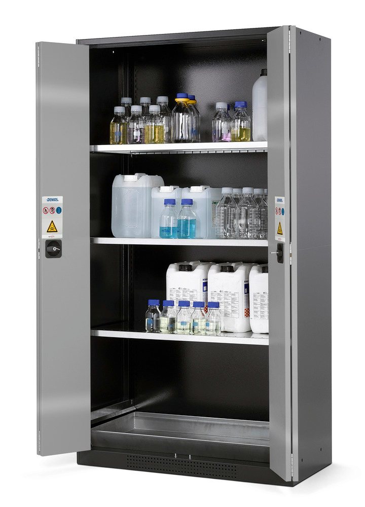 Kemikalieskab Systema CS-103F, kabinet antracitgrå, sølvfarvede foldedøre, 3 hylder og bundkar - 1