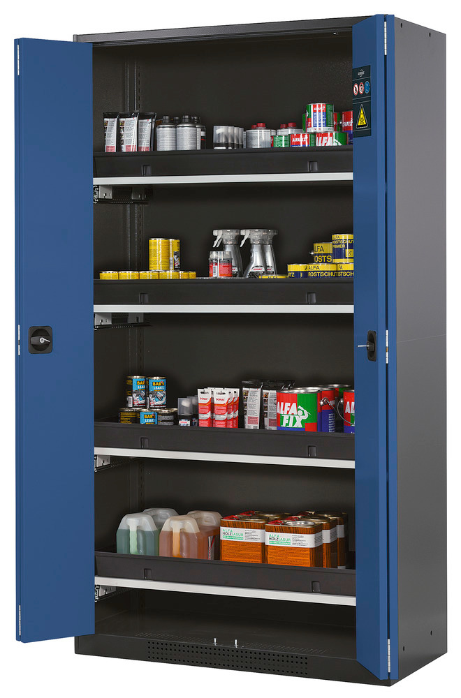 asecos chemicals cabinet Systema-T CS-104F, body anthracite, fold doors blue, inc 4 pull-out shelves - 1