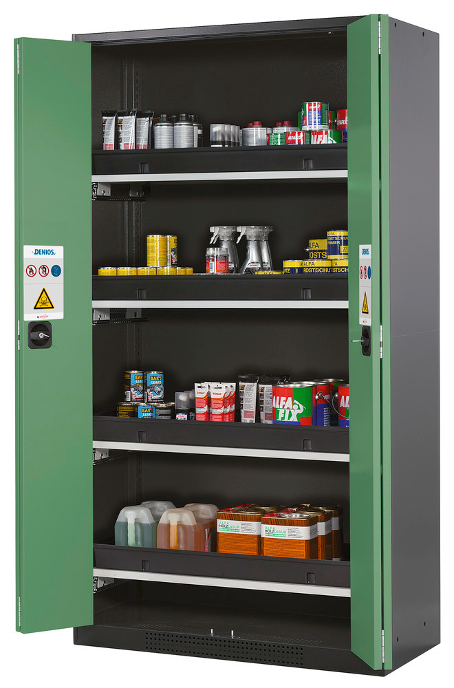 Kemikalieskab Systema CS-104F, kabinet antracitgrå, grønne foldedøre, 4 udtræk