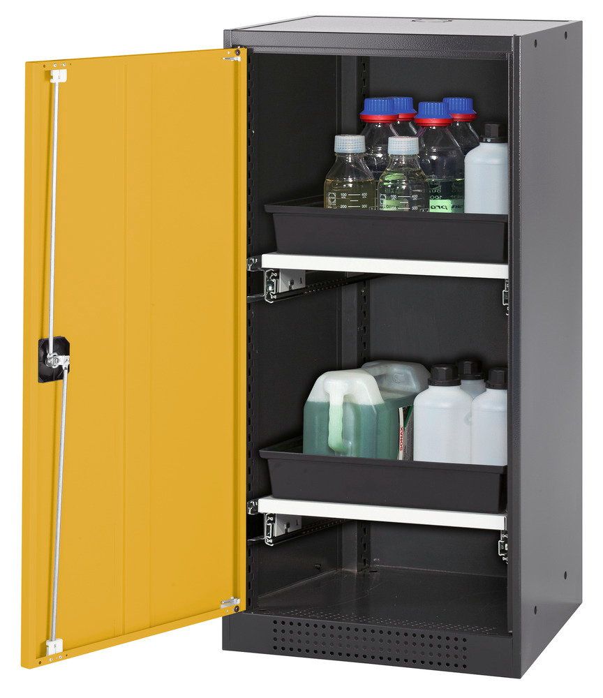 Skříň na chemikálie Systema CS-52L, dveřní závěs vlevo, křídlové dveře žluté, 2 výsuvné vany