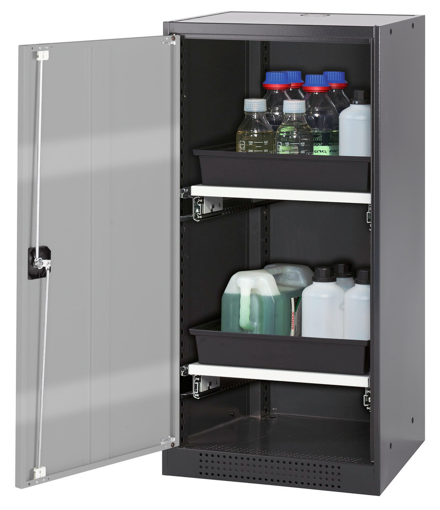 asecos chemicals cabinet Systema-T CS-52L, body anthracite, wing doors silver, 2 pull-out shelves - 1