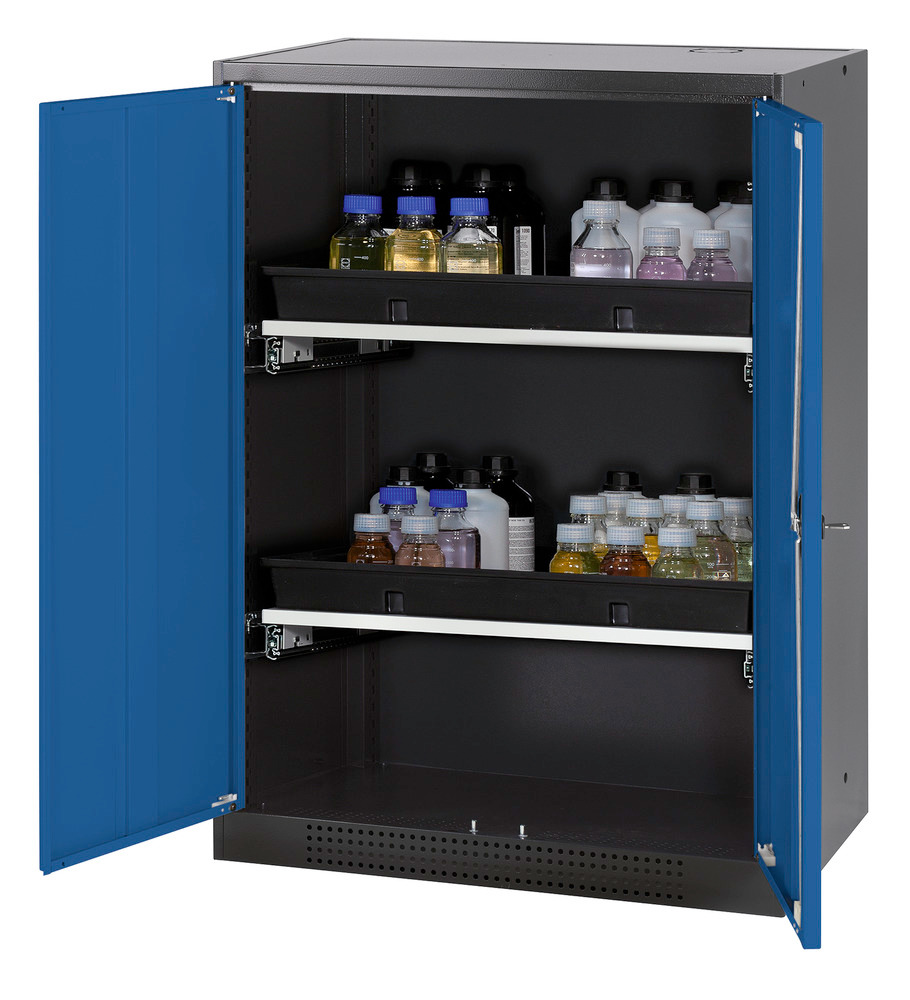 asecos chemicals cabinet Systema-T CS-82, body anthracite, wing doors blue, 2 pull-out shelves - 1