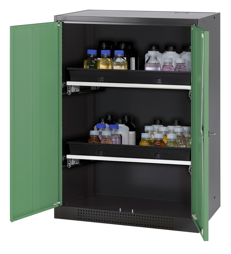 asecos chemicals cabinet Systema-T CS-82, body anthracite, wing doors green, 2 pull-out shelves - 1