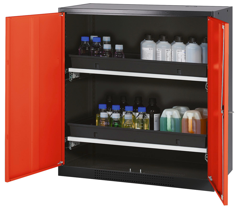 asecos chemicals cabinet Systema-T CS-102, body anthracite, wing doors red, 2 pull-out shelves - 1