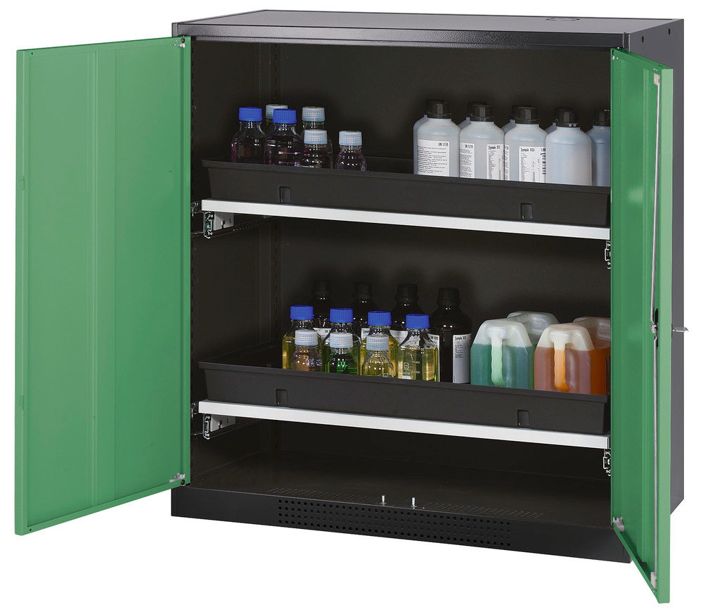 Skříň na chemikálie Systema CS-102, korpus antracitové barvy, křídlové dveře zelené, 2 výsuvné vany - 1